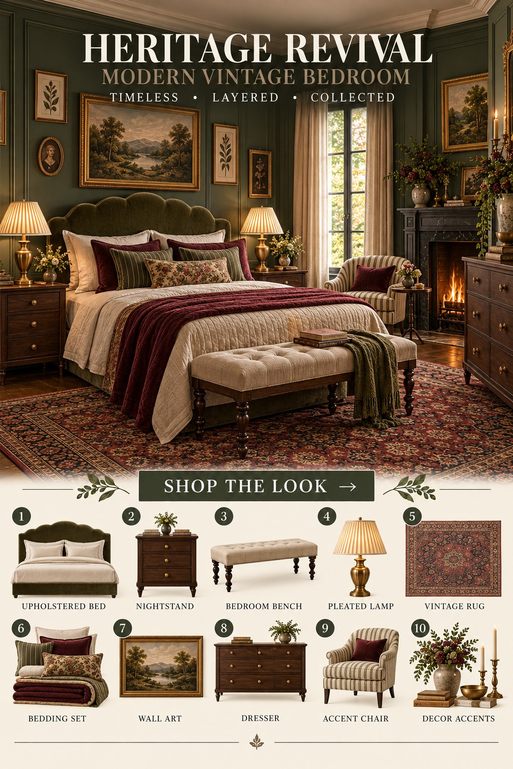 Heritage Revival Modern Vintage Bedroom — AI-generated concept with shoppable products