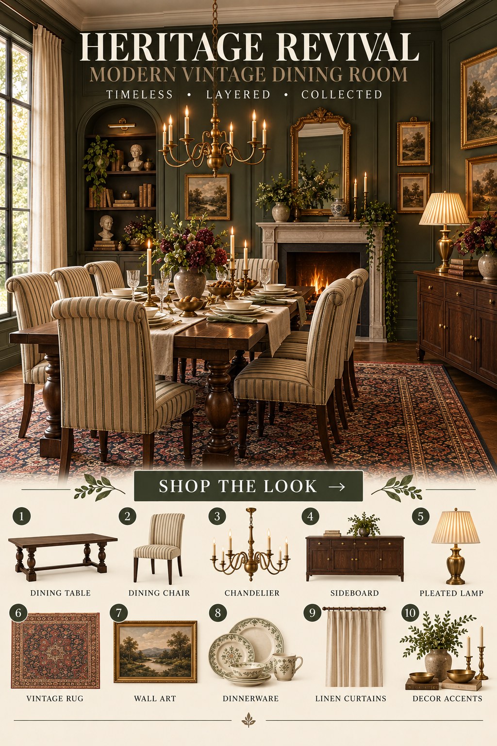 Heritage Revival Modern Vintage Dining Room — AI-generated concept with shoppable products